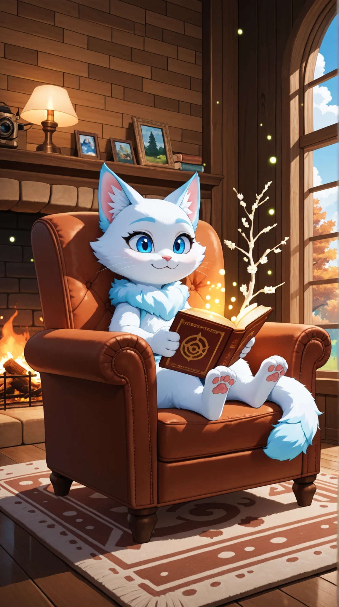 "A fluffy white cat with soft, cloud-like fur and bright blue eyes curls up in a cozy armchair, flipping through a tiny book with delicate paws. The fireplace crackles softly, casting a golden glow across the wooden walls. Shelves lined with small trinkets, dried flowers, and teacups create a warm, inviting space. The camera gently zooms in as the cat's tail sways rhythmically, fully immersed in its reading. Outside, the enchanted forest hums with distant owl calls and shimmering fireflies.
Style: whimsical 3D Pixar style."