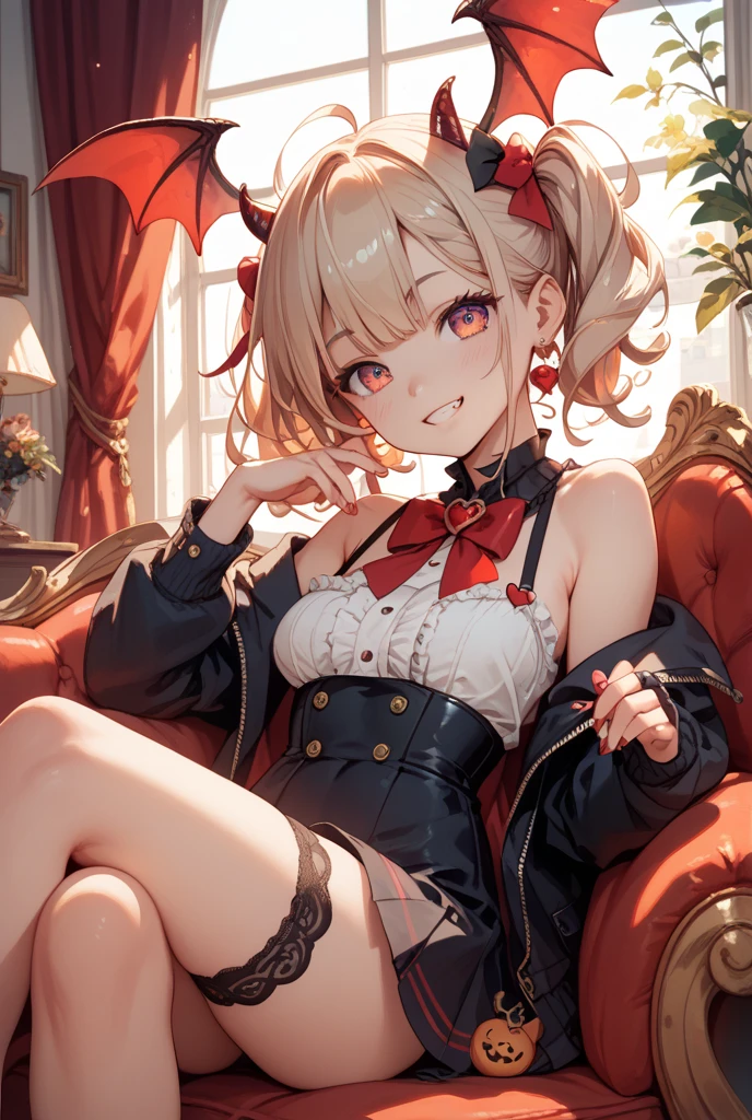 Absurd, High resolution, Super detailed, beautiful, masterpiece, Highest quality,Blonde,Bobcut,Tanned, chocolate-like skin,Red eyes,Highly detailed eyes,Slanted Eyes,Provocative look,Composition viewed from the floor,Perfect proportions,A plump and voluptuous body,When I look at you, our eyes meet,Bra with detailed description,A dynamic composition with effective perspective
