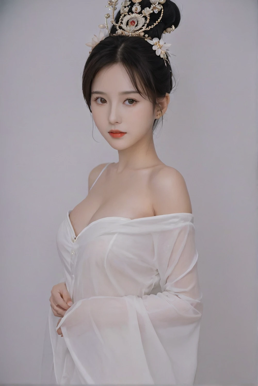 Romantic off-the-shoulder dress,(Shiny silver and orange inner color short hair,Intricately braided and beaded twisted ponytail bun,Braided Setup Fishbone Hair,),(The bangs are see-through),Beautiful woman,.Perfect Face,Proper body balance,Big ample breasts,,Intricate details,Very delicate and beautiful hair,Like the picture,dream-like,Realistic Shadows,Focus Only,Beautiful Hands,Beautiful fingers,Detailed finger features,Detailed clothing features,Detailed hair features,Detailed facial features,、(Professional Lighting),(Photorealistic:1.3),(RAW Photos.),(Tabletop,Highest quality,Ultra-high resolution output images,) ,(8K quality,),(Picture Mode Ultra HD,)