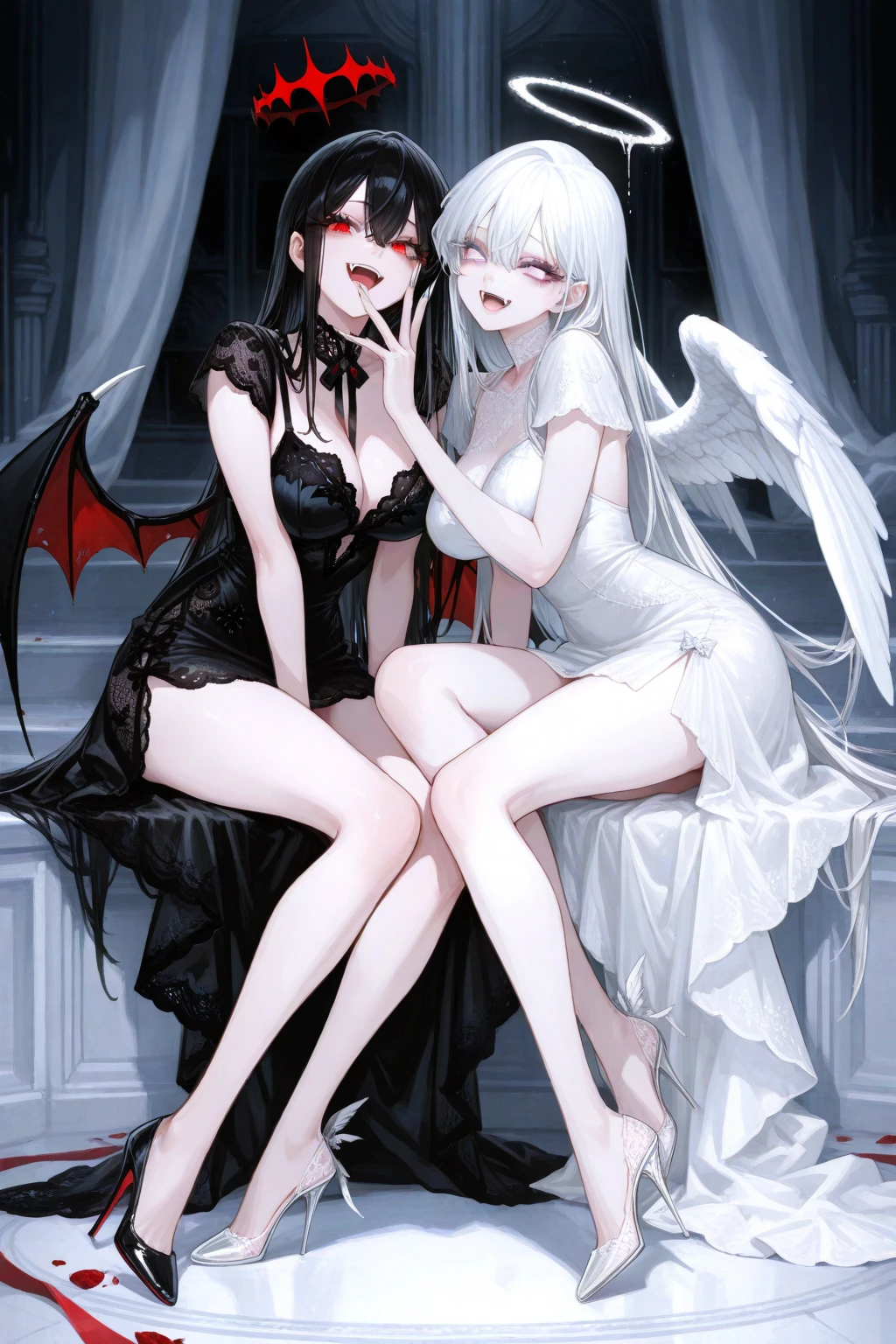 "2 girl, ((Masterpiece)), [Slim], (Small breasts), Pale skin, ((Detailed eyes)), (Background blur), ganyudef white hair, Red eyes, villainous, Dark theme, [eyes liner], Evil". . Pantyhose. Embracing. Blushing, sweating. Naked, . Riding on top. Lesbian. , defloration.  Groping. Chest to chest. Spit