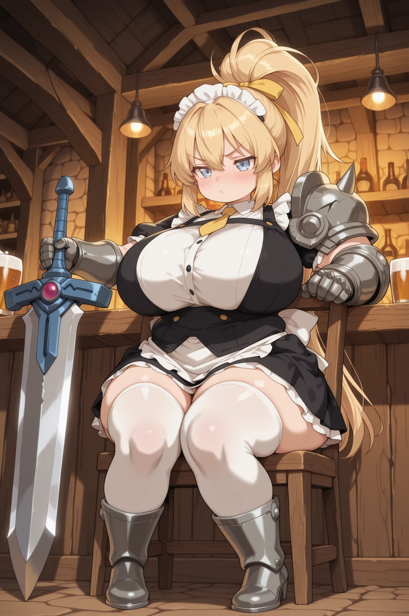(masterpiece),(best quality),extreamly delicate and beautiful,illustration,((perfect female figure)), (nature breasts),1 pure fool knight girl,blonde hair,purple delta headwear,thigh armored boots,pure fool girl,large armored skirt,gluttonous,drool,Sit at the table
