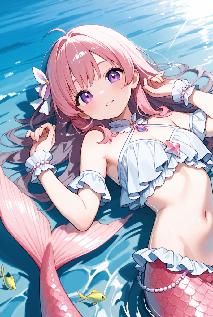 (8k, masutepiece, Best Quality, Official art, beautiful detailed, beautiful lighting, best masterpiece in history that exceeds limits), (1 Girl, solo), (sixteen years old), (beautiful detailed face), (wet shiny white skin), (Beautiful big bust:1.3), (thighs, navel), (beautiful detailed pink twin tails hair, bangs:1.3), (beautiful detailed drooping pink eyes:1.5), (Beautiful detailed cute white and pastel blue horizontal stripes micro bikini, side-tie_bikini_bottom, pastel blue ribbon:1.3), (happy smile:1.2), (dynamic angle, dynamic cut, Attractive, Look at the camera, cute pose), breathtaking scenery, (ultra detailed beautiful under the sea, tropical fish, white dolphin:1.2),