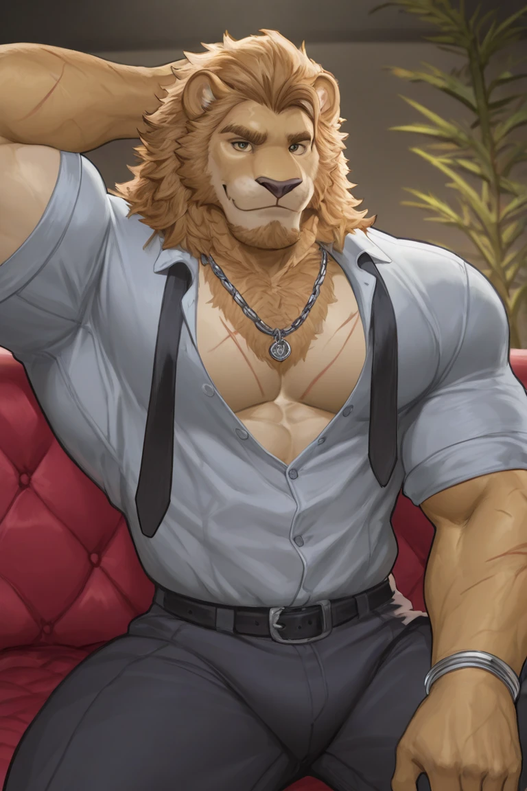 Lion, good looking, male, anthro, ultradetailed, muscular, solo, bareness, rippling muscles, muscles, living room background, tail, smiling, pants,