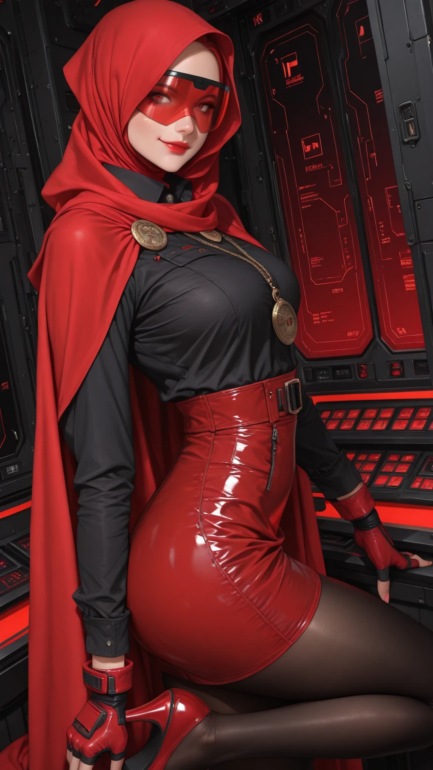 cowboy_pose,naughty, (iu:0.8),cleavage, RAW, Best quality, high resolution, Masterpiece: 1.3, Beautiful glasses sexy hijabi teen in elaborate spaceport, Masterpiece, Soft smile
