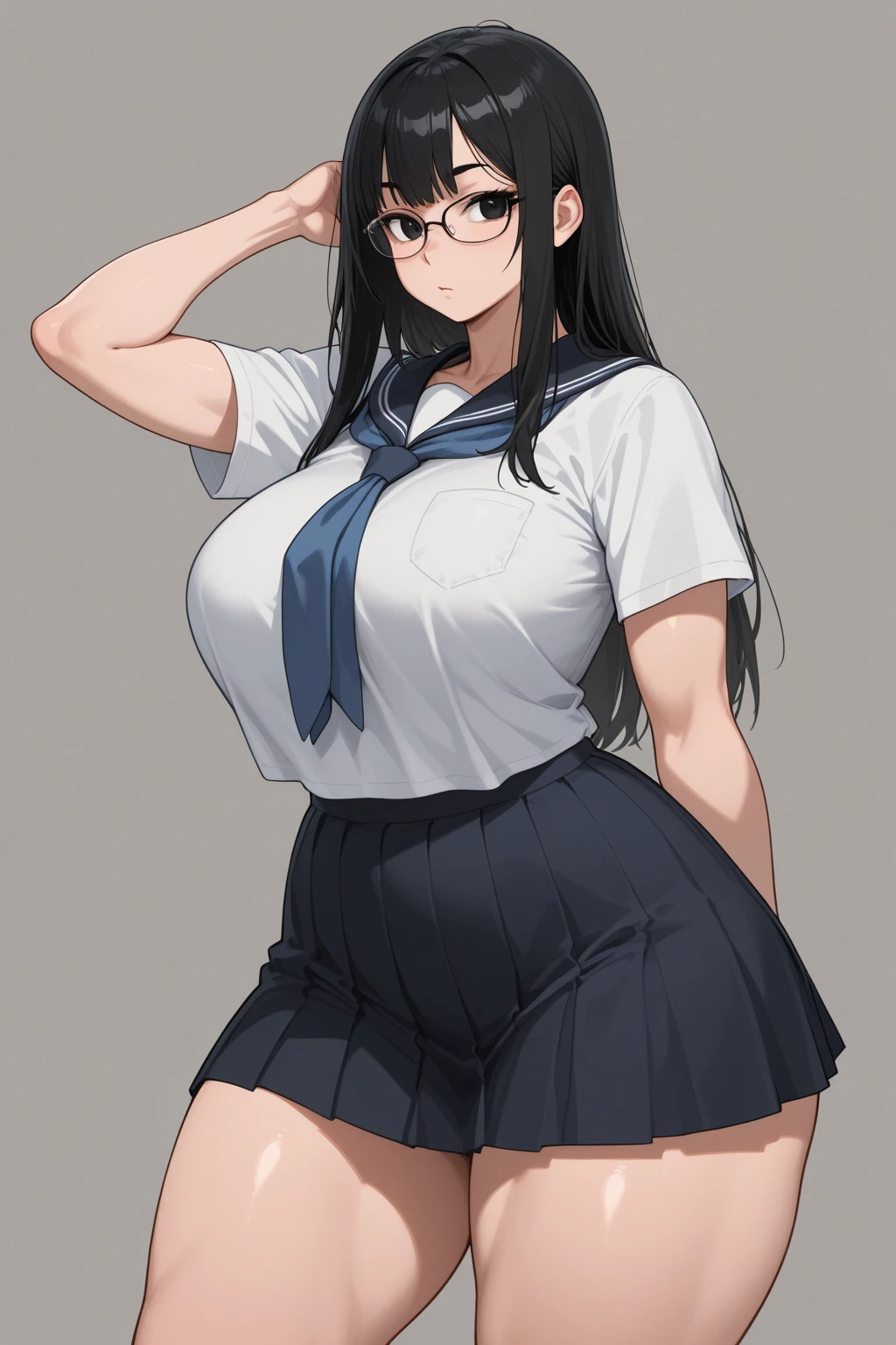 front、(hands behind)、(black background)、Super detailed illustrations、Super precise expression、masterpiece、highest quality、ultra High resolution、High resolution、Support your chest with your arms、(big breasts、Sweat、body fluid、shiny skin:1.25)、(black hair、long hair、Braid、Glasses、Patsun bangs)、(embarrassed look)、Standing picture、(short sleeve sailor suit, navy blue mini pleated skirt,knee socks ), (Mommyfy)、