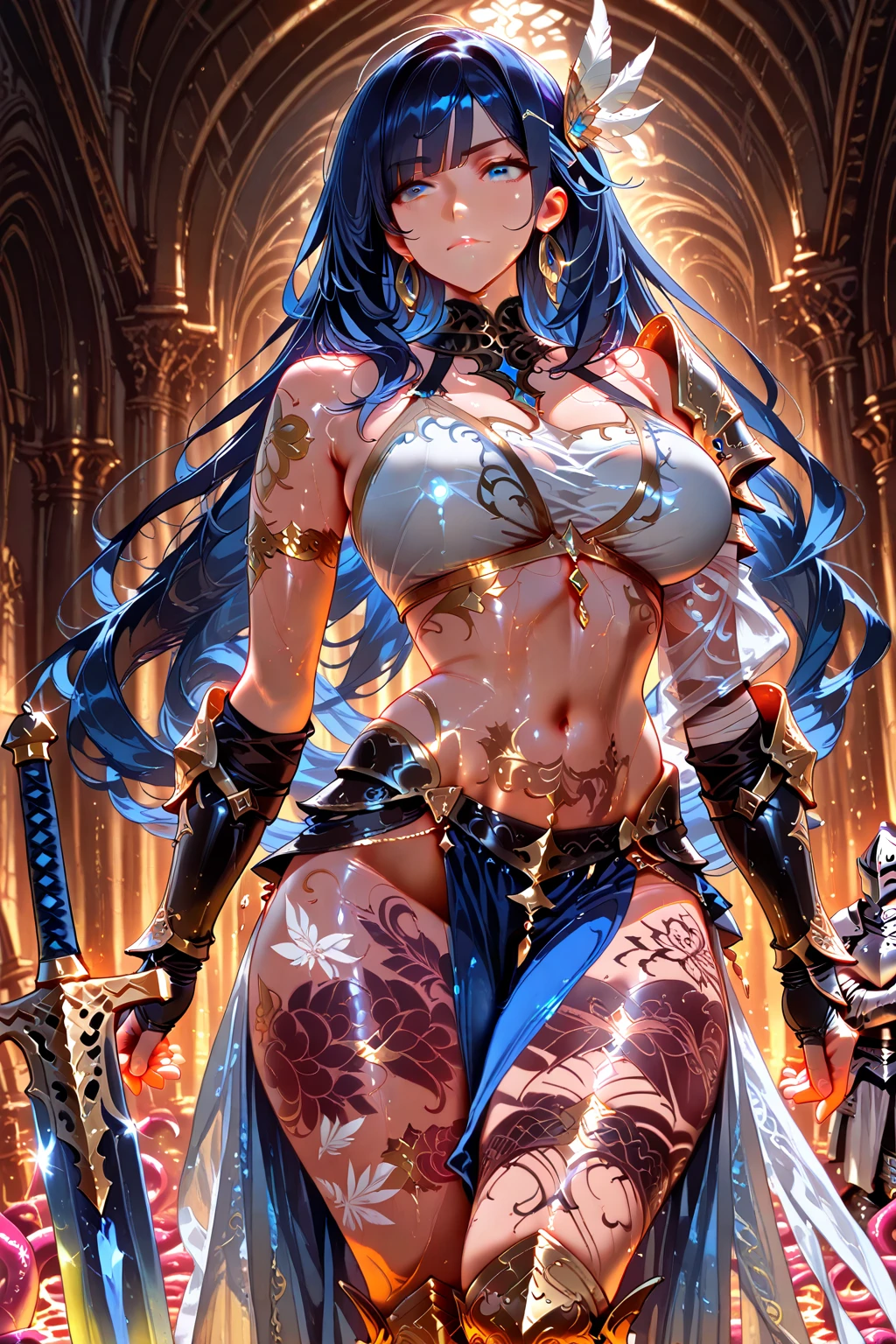 A professional drawing with colored pencils. A very tattooed geisha, with a strange expression and a big knife in his hand. Japanese and European style. Well nuanced colors, contrasting colors. Some graffiti style and vector art. ((The best quality)) ((massive gigantic breasts))
