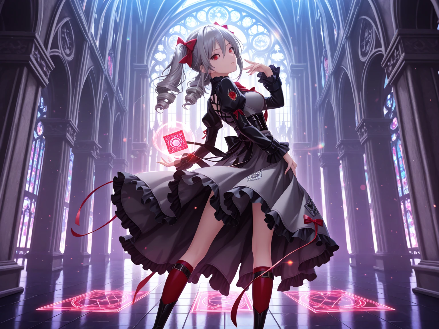 mash kyrielight,White hair,short hair,red eyes,girl,woman,female, little,child,10 years old, medium hair, curly hair, bangs, eyes visible through hair, side braid, white hair, multicolored hair, red inner color, portfolio, beautiful detailed Glass hair, delicate beautiful face, red pupils, fangs, small_breasts, pale blue eyes, white skin, choker, gloves, nice hands, perfect hands, naked hoodie, parted lips, blush, skirt, earring, bang, Standing, (stained glass floor:1.5), (Heart shaped stained glass:1.5), Masterpiece, best quality, captures a super cute moment, depth of field, ultra detailed, ultra high resolution, C4D, Octadale, 3D modeling, 8k, 16k,