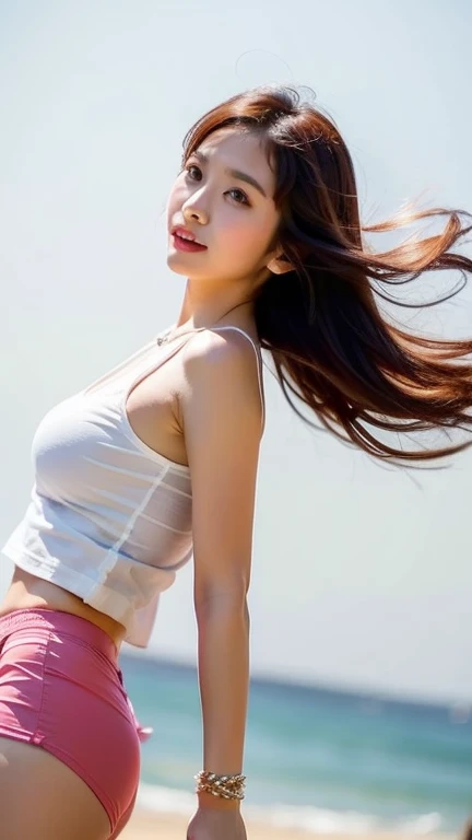 (((low angle photography、looking into the camera:1.22,A strong wind blows from the front of the body.、full body angle、white bikini、loose clothing;)))、(((in 8K、Highest quality、Masterpiece、Ultra high resolution)))、(realistic:1.4)、RAW photos、(Real skin texture:1.3)、(Film texture:1.3)、((standing、Skirt flutters in the strong wind.、Don&#39;t bend your legs.、wear&#39;wear&#39;wear&#39;Don&#39;t bend your knees.、Spread your thighs.、yellow rice fields、))、one woman、Beautiful and detailed eyes and face、Masterpiece、Highest quality、turn off、thin、Japanese Uniform、dynamic、Barefoot、Mr...々pause、