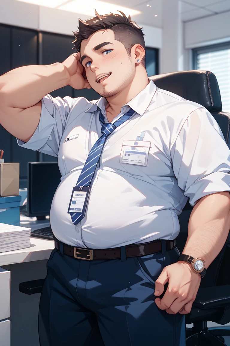 Author: bontiage, (1 boy), One, tiger, big bulge crotch, boner, pants, long sleeve plain shirt, necktie, Men's Second, kemono, hot body, muscle, Beautiful, sexual, Attractive guy, (Detailed black eyes), brows, (masterpiece, A high resolution, Best quality), 4K, a male, Beautiful shadow, evil grin, (front side:1.5)