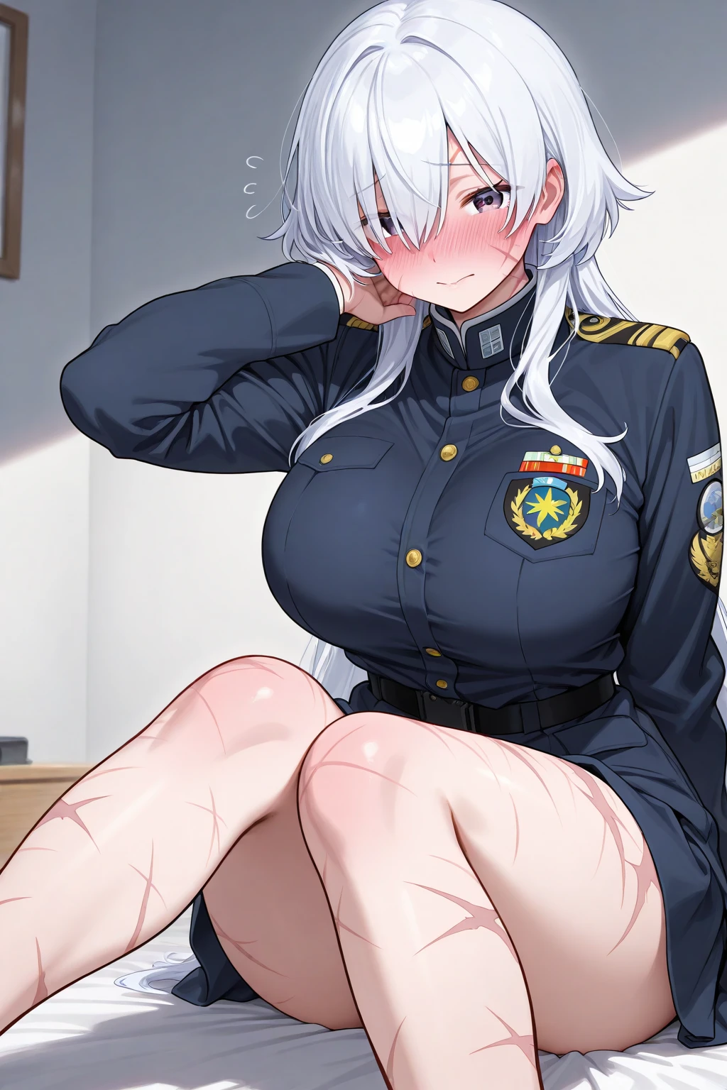 Gray Hair,Snow Spring,uniform,Big Breasts,Unbuttoned,bra,M-shaped legs,Open Eyes,Worried brow,anger