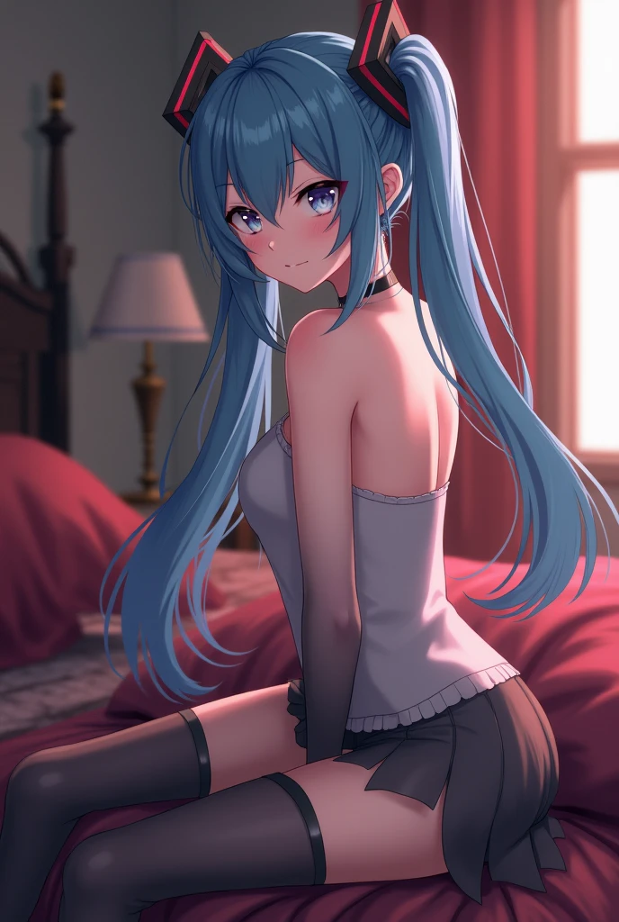 Create a high-quality, detailed image of a beautiful, anime gamer girl with long hair, bright blue eyes, and a smile, sitting at her gaming PC in her gaming room. She is wearing a see through tank top, barely showing her nipples, and sleep shorts, showing her midriff, highlighting her stunning curves. The warm, inviting scene includes soft ambient lighting, comfortable seating, The setting is illuminated by a small lamp, creating a serene and intimate atmosphere