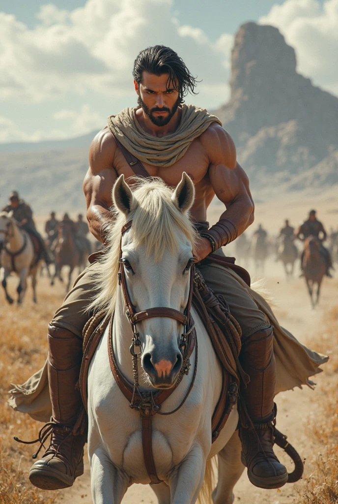 A handsome beautiful slim white skin shirtless man standing on top of a Roman war chariot with two horses in the desert with straps in his hand