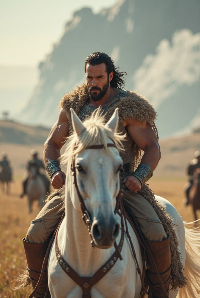 Man, big man, giant, heavy, muscular big body, warrior, tanned skin, long hairs, big beard, brown hairs, hairy body, wearing cloak, in woods, sitting on a limber, alone, with his horse, brown horse, on born fire, at night, night time, moon light, fire light in the dark, traveller, resting, 

UHD, HDR, Ultra High quality details, 8k