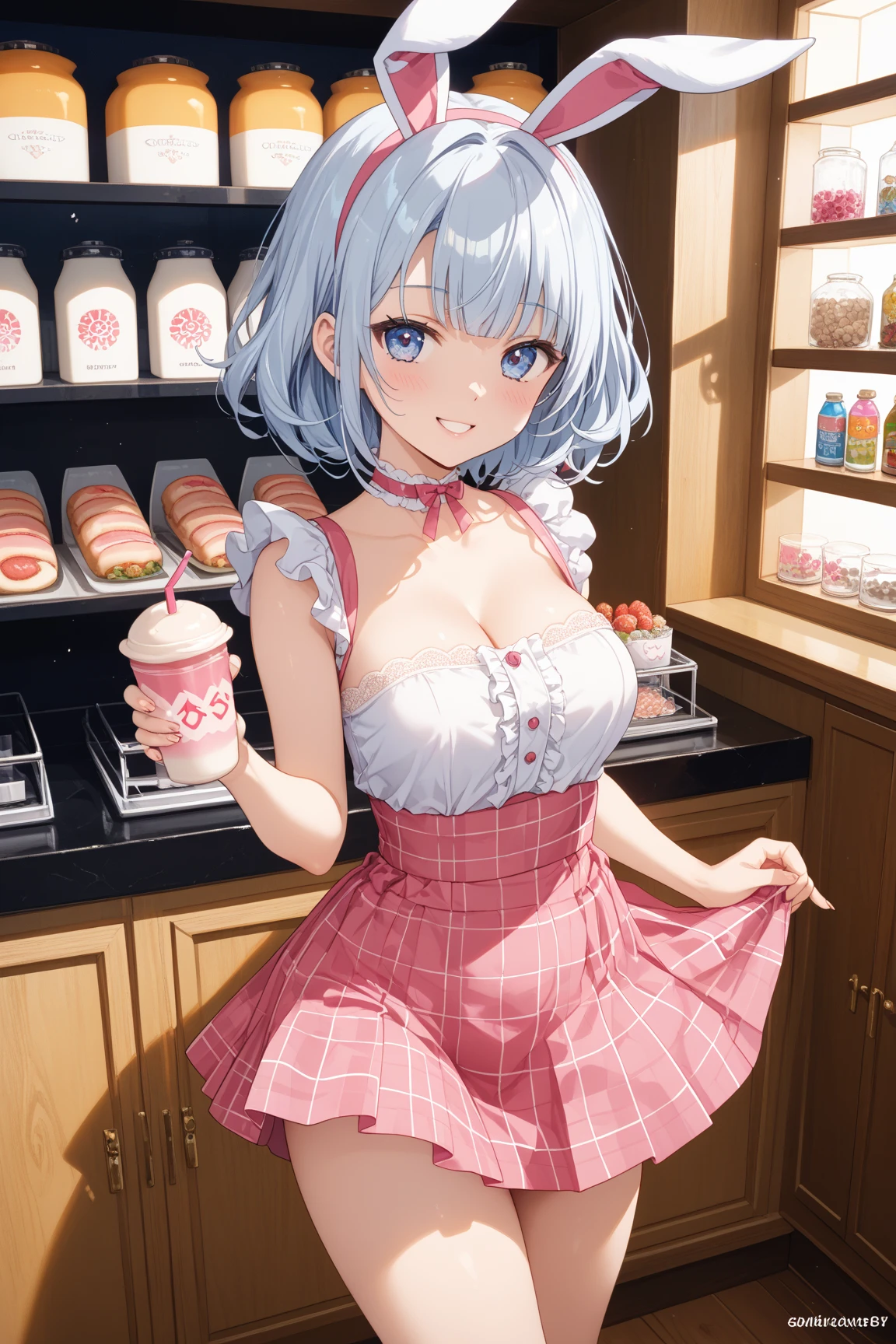 (Masterpiece, BestQuality:1.3), (ultra detailed:1.2), (hyperrealistic:1.3), (RAW photo:1.2), High detail RAW color photo, professional photograph, (Photorealistic:1.4), (realistic:1.4), (Pink Hair:1.5), professional lighting, perfect anatomy, (Big Breasts:1.2), (blush, detailed face), (cheerful Smile:1.5), Trending Hair&Trending Hairカラーをランダムに, earrings, necklace, bracelet, sexly, erotic sexly, Random sexy gravure poses, (Beautiful cosplayer wearing a blue and white waitress-style costume、With a cheerful smile in a retro diner、Milkshakes on a tray。Waitress cap on head、On her feet she wears white loafers。:1.3)