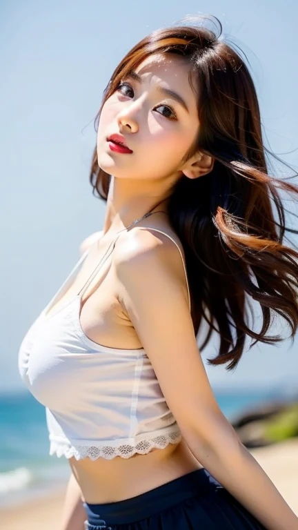 mature mature young, erotic swimsuit style, super cute, upper body close-up, nice perfect face with soft skin, gorgeous wavy long brown hair, immature woman in 8K resolution, ultra realistic, super detailed, high quality, erotic and beautiful trendy swimsuit