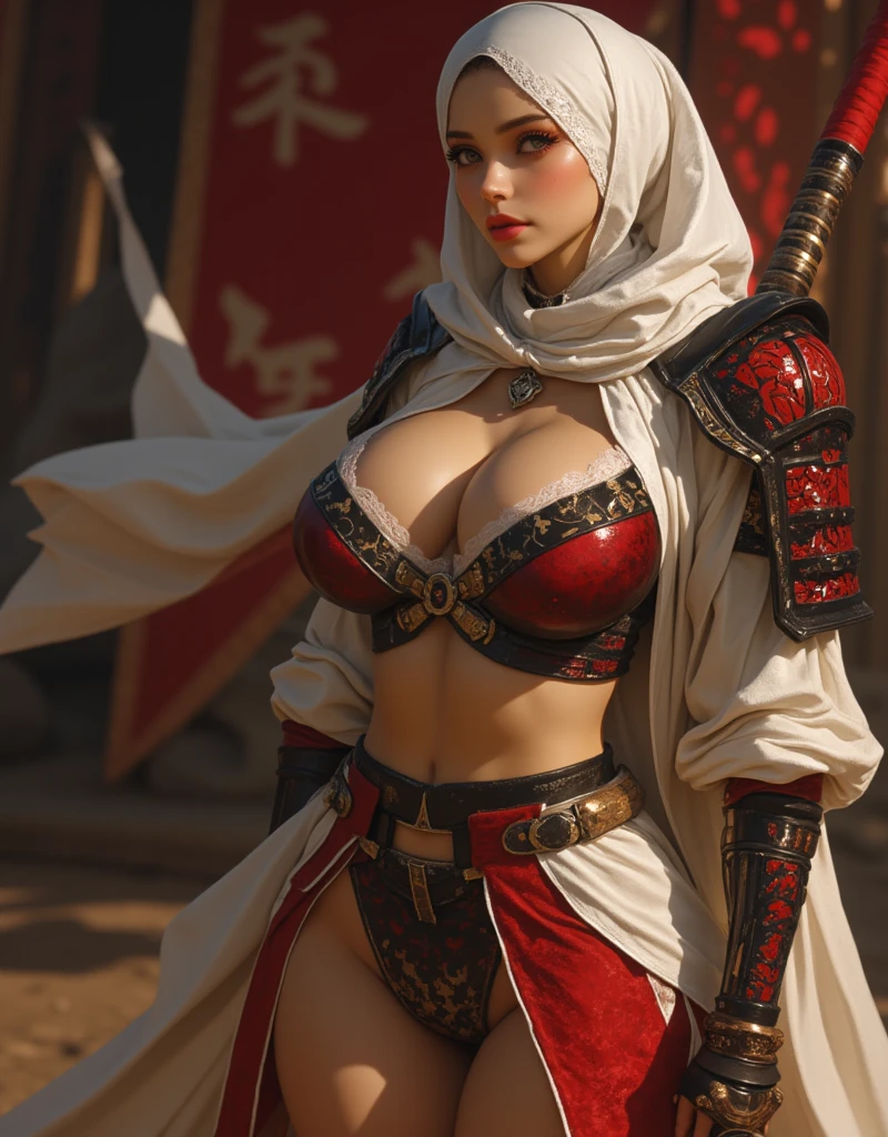 steampunk style, best quality,ultra-detailed,busty Malaysian woman:1.1,energetic,athletic,hijab,huge breasts,small field scientists outfit,investigates a forgotten gateway of time and space, ruins of Atlantis, adventur, danger, seductionportrait,sharp focus,vivid colors,warm color tone,lens flare,studio lighting