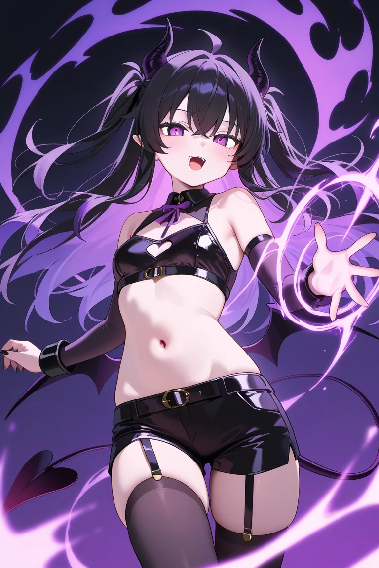 NSFW Sucubus, with purple hair, red eyes, in a bikni thin bra and shorts giving a seductive pose
