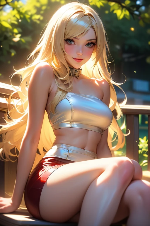 (((masterpiece))), (((best quality))), ((ultra-detailed)), (highly detailed CG illustration), ((an extremely delicate and beautiful)),(((white-blonde hair))),(3/4 side view),((orange ribbed t-shirt)),1girl, solo, cinematic light, (dark blue eyes), medium breasts, (black bikini bottoms), barefoot, extreme detailed, colorful, highest detailed.