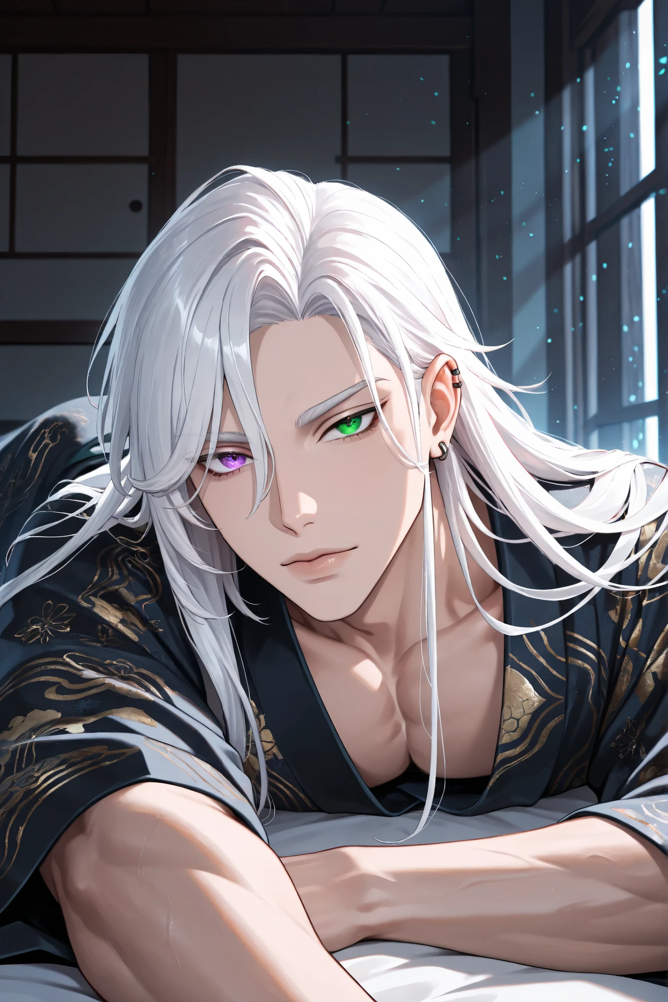adult male, handsome, tall, finely detailed :purple and green heterochromia eyes and detailed face, puffy lips,, ((very long white hair)), more details, humanoid dragon-god, looking at the viewer, light skin, lying down on bed, detailed textures, (((male focus))), masculine, semi-realism, single character, black yukata, piercing,masterpiece, best quality, ultra detailed, 8k unity wallpapers, ray tracing, illustration, colorful, cinematic shadow, extremely detailed background, fantasy character,,solo, dnd,bishounen,tsurime,, ultra-detailed, intricate details,masterpiece, best quality, amazing quality, hyper-detailed, newest, very aesthetic 