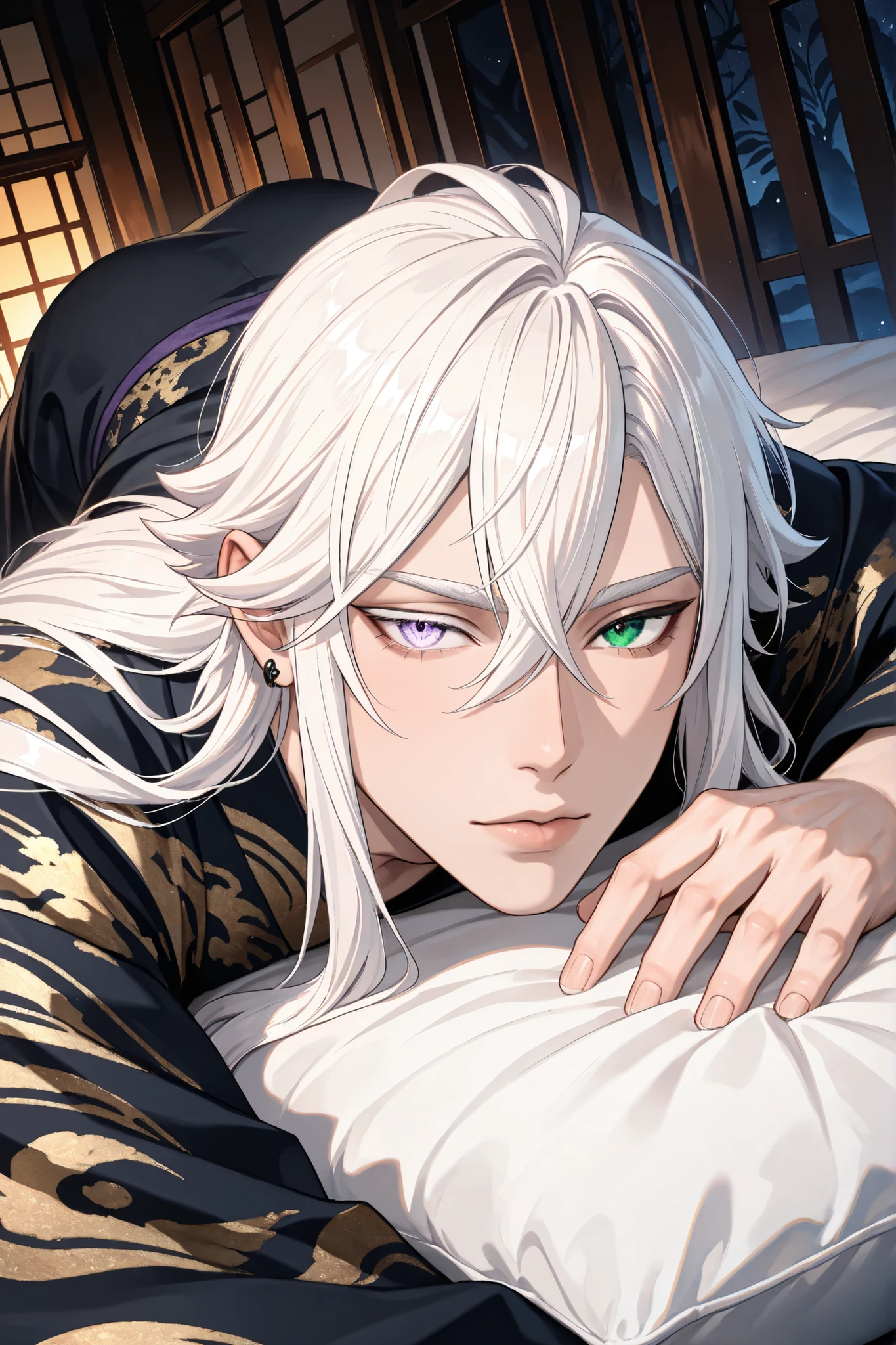 adult male, handsome, tall, finely detailed :purple and green heterochromia eyes and detailed face, puffy lips,, ((very long white hair)), more details, humanoid dragon-god, looking at the viewer, light skin, lying down on bed, detailed textures, (((male focus))), masculine, semi-realism, single character, black yukata, piercing,masterpiece, best quality, ultra detailed, 8k unity wallpapers, ray tracing, illustration, colorful, cinematic shadow, extremely detailed background, fantasy character,,solo, dnd,bishounen,tsurime,, ultra-detailed, intricate details,masterpiece, best quality, amazing quality, hyper-detailed, newest, very aesthetic 