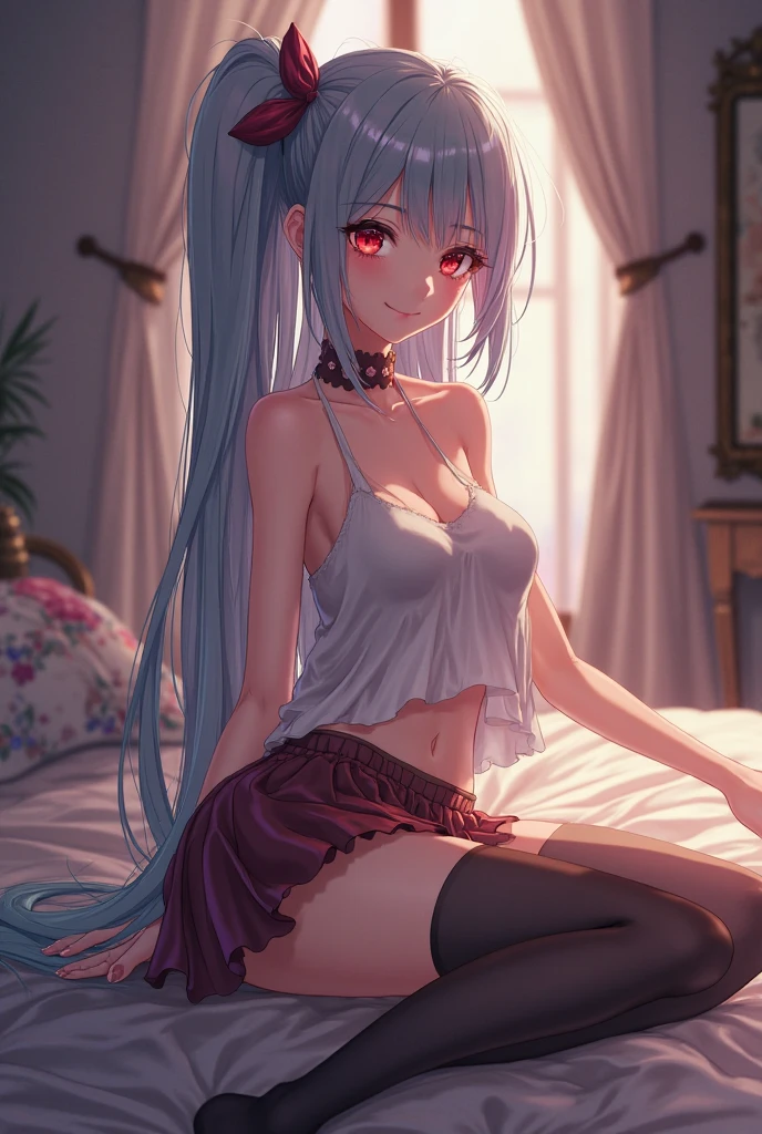 masterpiece, best quality, HuTaoV4, 1girl, solo, blush, rainbow twintails, white long hair, rainbow  hair between eyes, ((lingerie)), bedroom, night, extremely detailed 8K, smooth, high resolution, ultra quality, cinematic lighting, ambient occlusion, hd, 2k, 4k, 8k, 16k, extremely detailed anime, detailed faces, perfect composition, wide shot, atmospheric lighting, very sexy, lift skirt, uncensored, nsfw, sin censura, large breast, 