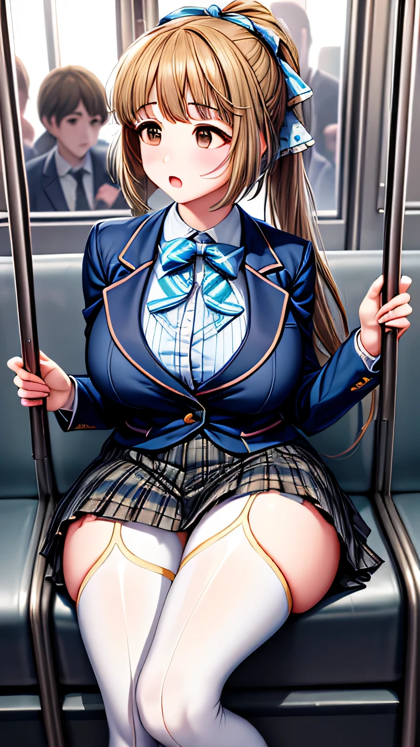 peeing herself, peeing, peeing self, very desperate to pee, violet evergarden, at a train station, full face blush, sad, crying, flustered, black stockings brown boots ruffled panties, peeing, peeing self, peeing, peeing self,
