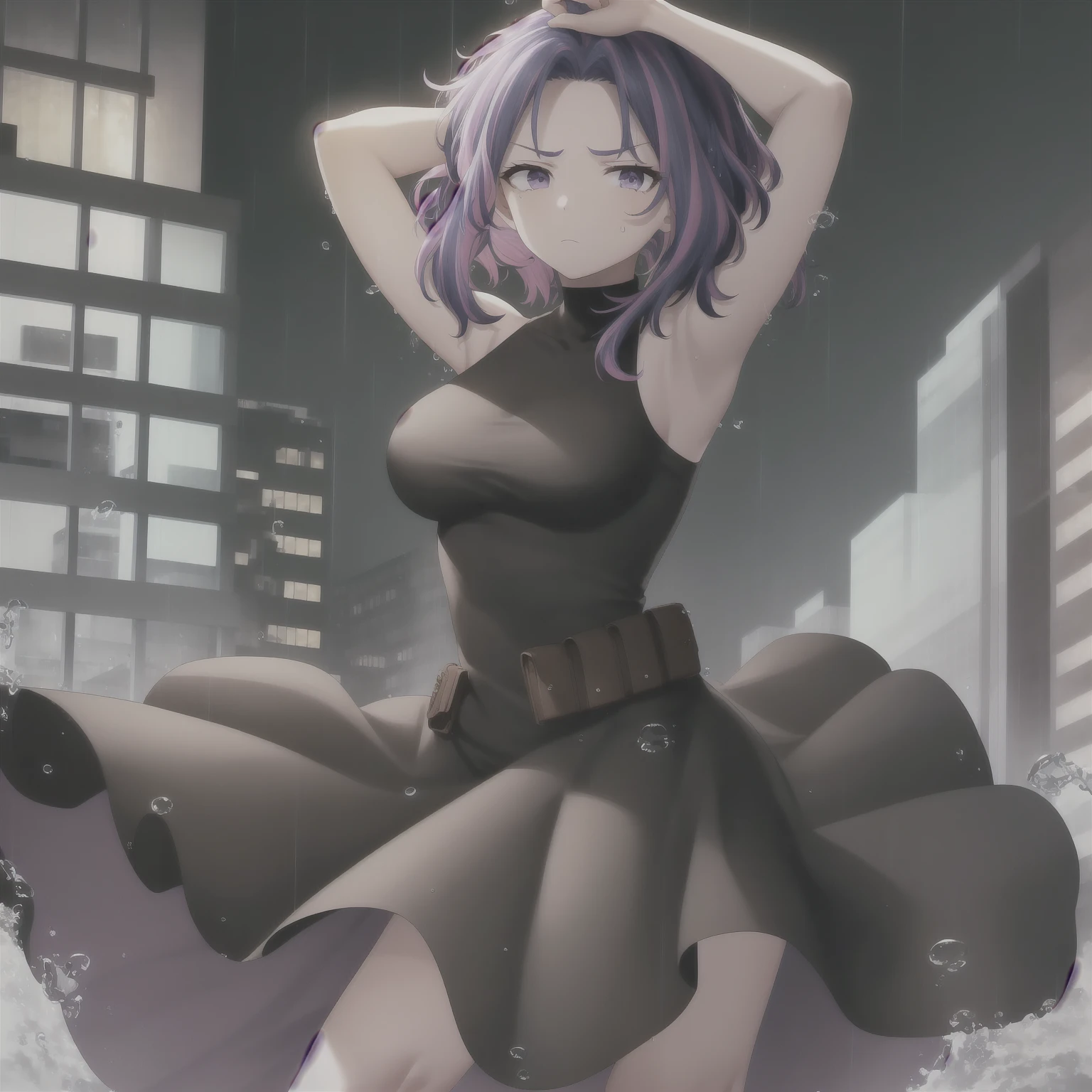 scan, (extremely detailed CG unity 8k wallpaper:1.1), masterpiece, highres, (1girl), dark, raining, water drops, ambient light, city, night, lady nagant, boku no hero academia, (purple hair), (multicolored hair), (purple eyes), black dress, sleeveless, breasts, arms above head, frown, (looking at viewer)