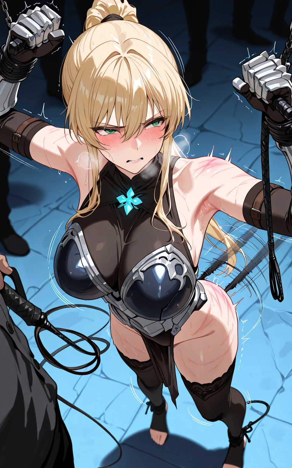 Female Combatant、Japanese girl、Close-up of a girl in a black leotard、Black glossy leotard、Black fishnet stockings、Black shiny boots、Saiyan Girl, wonderful, Nano Girl, Female body type, Inspired by Hiromu Arakawa, Anime Manga Robot!! Anime Girls, Fubuki, Full Body Suit, by Hiromu Arakawa、wonderful, silk, Beautiful and attractive anime teen, Anime Girls of the future, tears,Drooling,Pee,Sweat,Tongue out,incontinence,Peeing、Estrus、Eyes wide open,Estrus,Blushing,Nipples are erect,Face is hot、Lust、incontinence、Armpit Hair、pubic hair、Nipples are erect、My crotch is wet、Being held at sword point、Frightened、Pleading for your life、Red lips、Red tongue、Sticking out tongue、Boobs pop out!