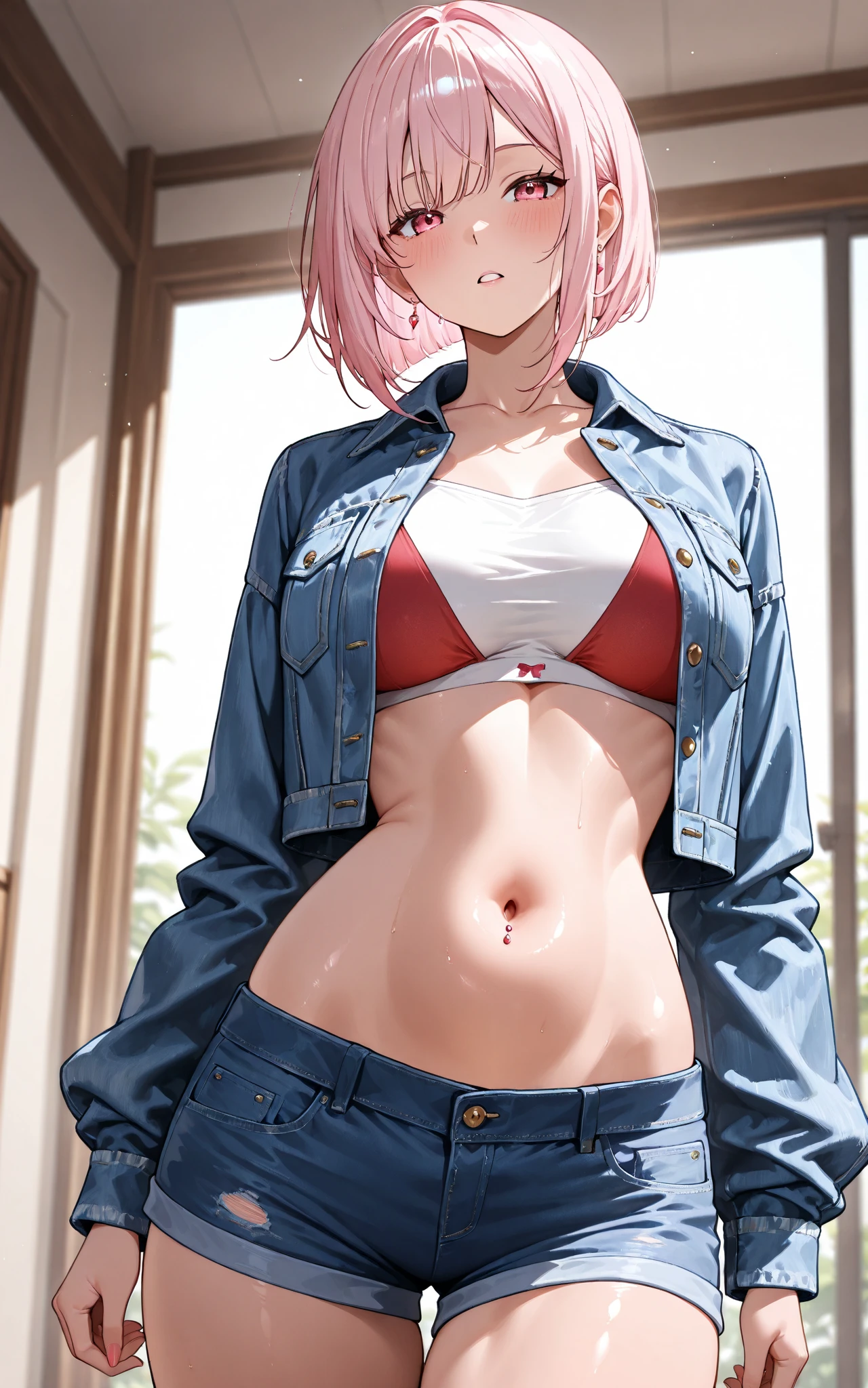 masterpiece, best quality, highres, 1 young woman, solo, /anya/,bangs,pink hair, short hair, green eyes,perfect body,abs:1.2, against wall, flat-chested,(topless,shorts),(natural lighting),colorful,hd,(musculature:1.1), focus character,(sience fiction),(seamless wallpaper:1.2),