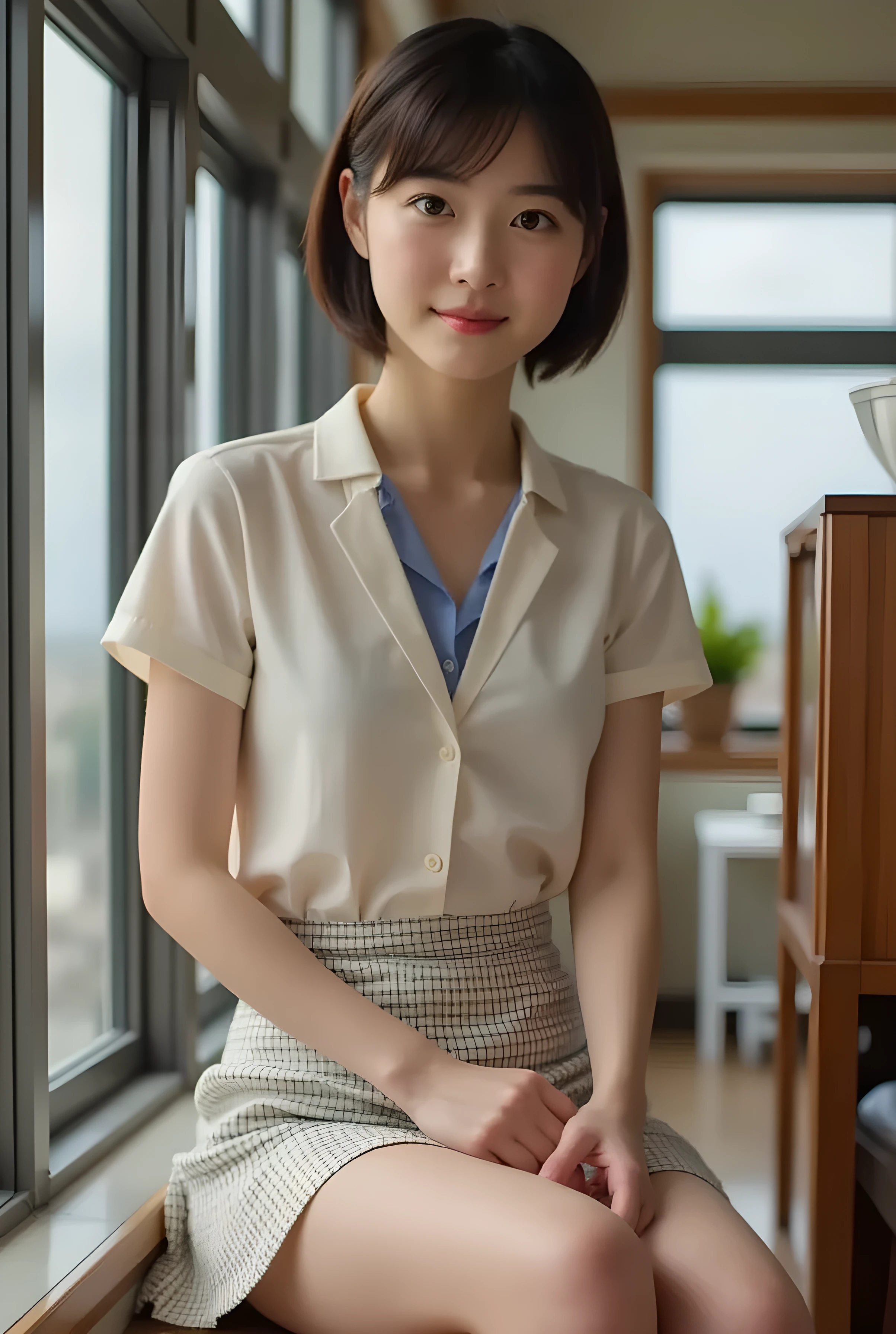       super realistic ,       photorealistic   ,    (Full body image:1.5),  She looks very happy      , shadow,           Global Illumination          , Alone, (japanese women in their 20s :1.5),      VERY BEAUTIFUL、     Cute Smiles ,    Slim,    brown hair ，　beautiful legs ， Long, slender legs ,       Surimi West   ， She's wearing a receptionist   ，wearing a bus guide  ，   turn your body forward、  white hair，full body photo  ，Please take a picture up to the tip of your foot  ，wear fishnet stockings on her legs  ，When the light hits stockings, they reflects beautifully.，　wears red high heels      ，