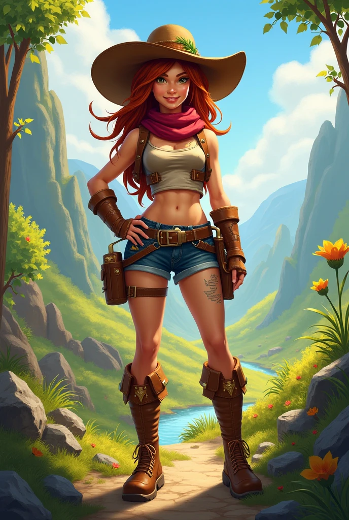 1woman, adventurer, medieval, walking through the forest , smiling, curvy, soft midriff.
