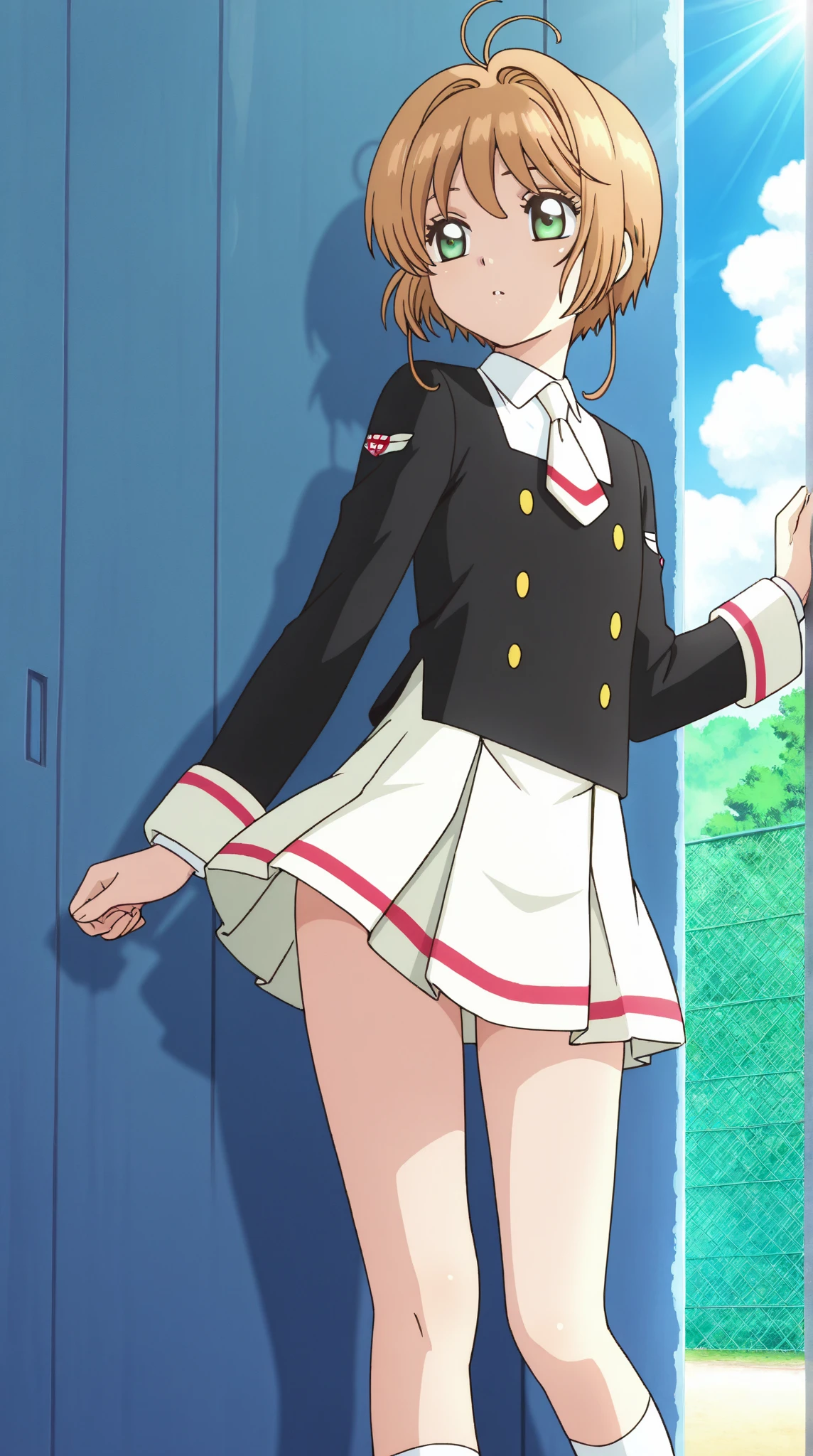 highest quality, High resolution, masterpiece, Symmetrical eyes, Beautiful eyes, Detailed face, Light green eyes, One woman, ４０Attractive woman in her teens, aika, 1st Default, 1st Closing, View Viewer, Super detailed, Cowboy Shot, Outdoor, Folded ponytail, short hair, Long sleeve,  Red jacket, whiteのシャツ, Earrings, Red jacket, (Red pencil skirt:1.5), smile, blush, Light pink_lips, Larger breasts, (Lift up the skirt:1.5), (スカート that rolls up:1.5), (Wide pelvis:1.5), (Thick thighs:1.5), (Panties丸見え:1.5), (white_Panties:1.5), (Crotch up from below:1.5), (photorealistic:1.1)