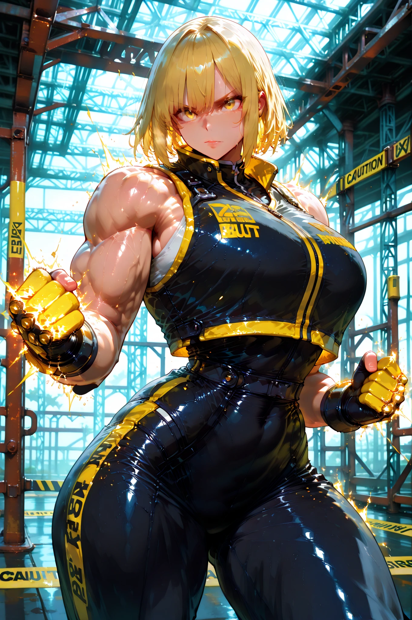 mixed_artwork style, cleavage, sweaty, 1 girl, standing alone, hands, NSFW (Better quality, 4k, Masterpiece :1.3), beautiful, hyper realistic, 1girl, attractive body :1.2, abs :1.1, (wet body :1.2), ultra-detailed face, Detailed Lips, detailed, Robotic arms, spotted body, defined body, black eyes, black and yellow eyeballs, Black tattoo, Yellow electricity through the arm, Long yellow hair, neck tattoo, cyborg, fighter, sweaty body, Fighter outfit, cyberpunk style, Wide hips, strong legs