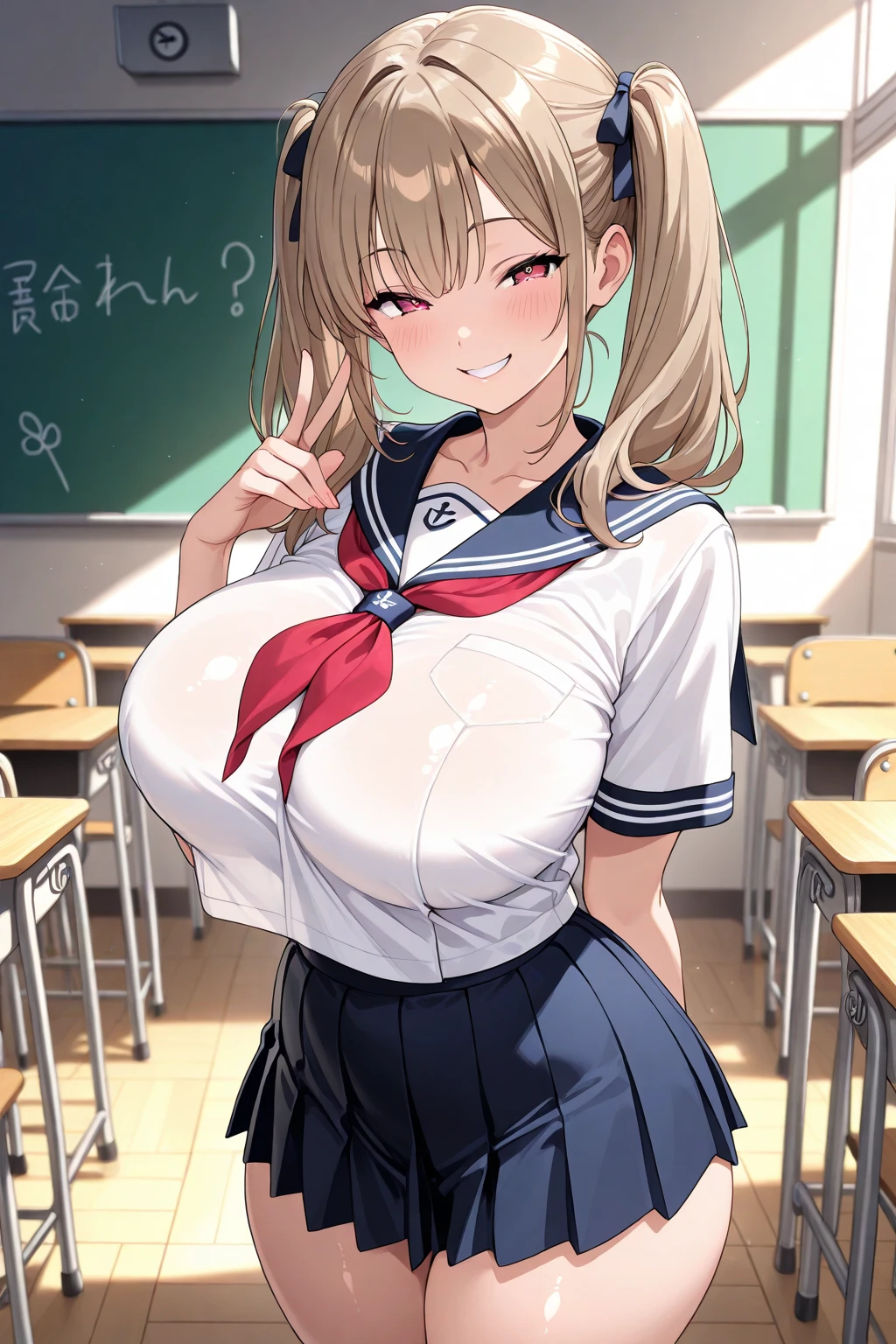 highest quality,wonderful,finely,extremely detailed CG Unity 8K wallpaper, (1 Girl,blonde, Yellow Eyes, Low Ponytail, Scrunchie, Earrings、Wicked Smile), (Grin:1.1), ((Brown Skin:1.2), (Light blue striped underwear:1.3), (see-through:1.3), (huge breasts:1.1),(sailor uniform:1.3), (bra lift:1.2), (zettai ryouiki:1.4)