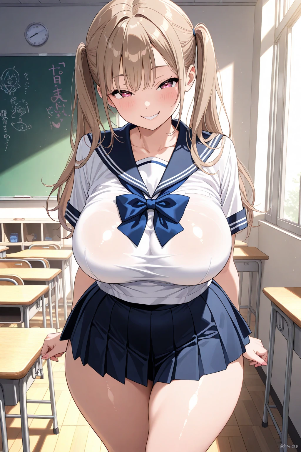 (masterpiece:1.2、Highest quality、Tmasterpiece)、1 female、alone、classroom、Day、stand、blonde、ponytail、Beautiful Eyes、break、(Navy blue sailor suit:1.4)、(Dark Skin:1.4)、Big Breasts、pantyhose、Place your hands behind your head、corset、Hoop Earrings、lipstick、Sweaty、Ring Choker、Scrunchie、blush、Covered breasts、Bangs braids、(Thick lips:1.2),(Very short mini skirt:1.5),(Telephone:1.5),(smartphone),(Navel exposed),(Protruding nipples:1.3),(Short sleeve:1.1)
