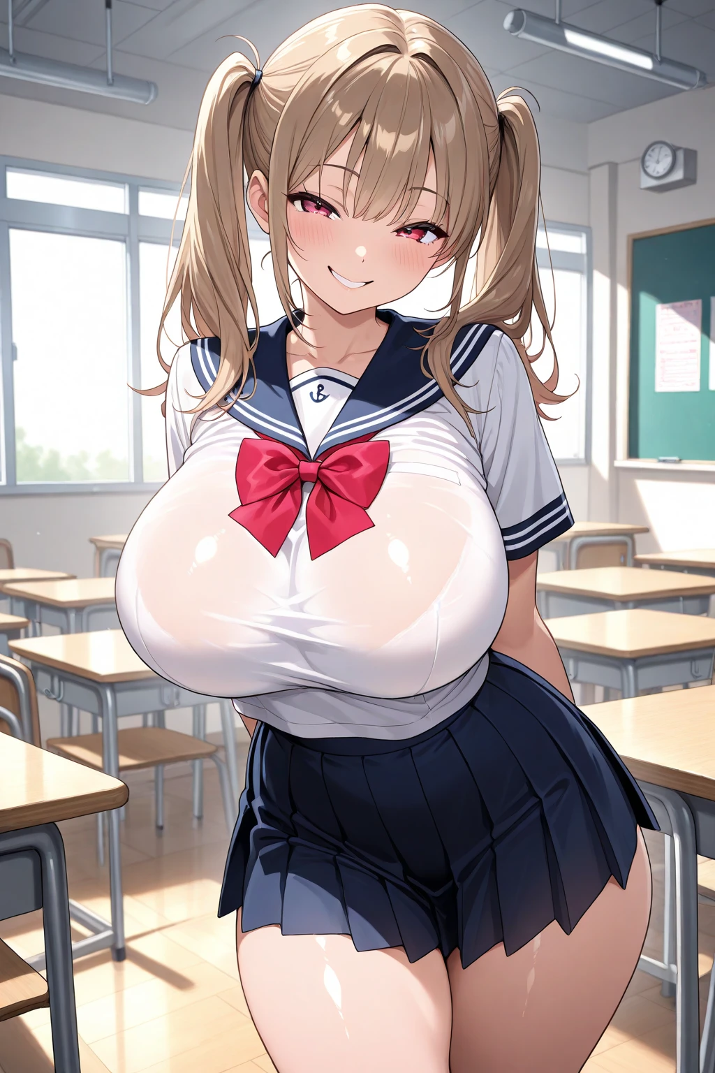 loose school uniform is sheer, button gap,(covered nipples:0.95),breasts,red white gold uniform,(side-tie peek:1.5),(button gap:1.5), white skirt, white top, red ribbon, golden buttons, golden shoulder pats, young adult, 19 years, embarrassed,blush,blonde hair,half updo hair, open mouth,brown eyes, beautiful brown eyes, big breast, striking body curves, horny smile, pink lips, tiny girl, cute pose, masterpiece, classroom background, school