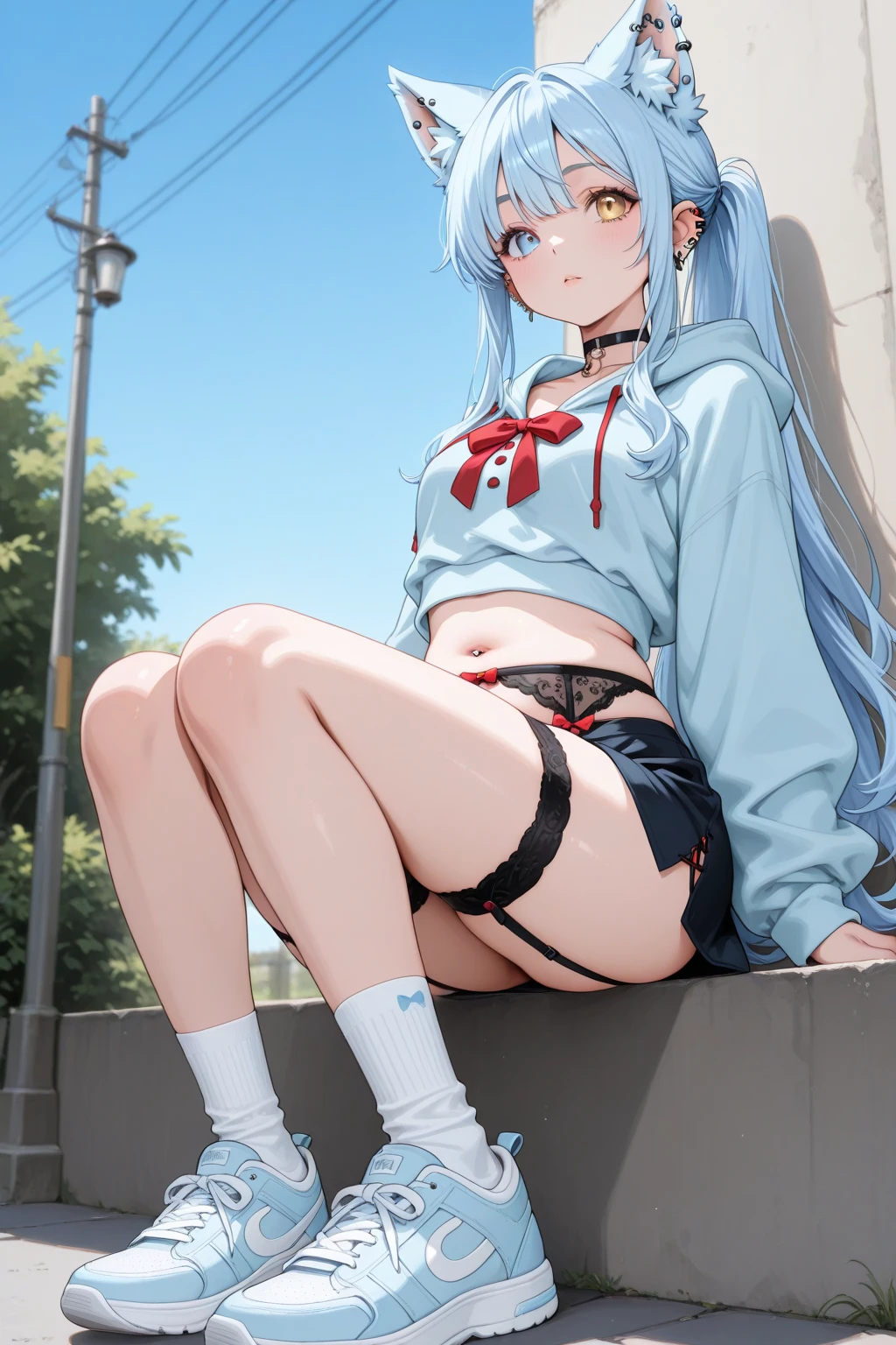 1girll, Beautiful detailed eyes, Long white hair, light blue eyes, school uniform, black lence stockings, Glossy glossy skin, get down on the bed,Turn your head to look at the picture,ssmile,Headsets,Full body painting,High contrast, ((Masterpiece, Best quality))