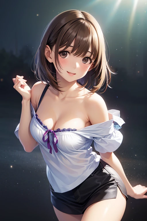woman,14 years old,,city,night,(((white tight miniskirt bodysuit))),,open mouth smile((See-through))glasses,((beautiful long ponytail)),((Baby girl body shape))
