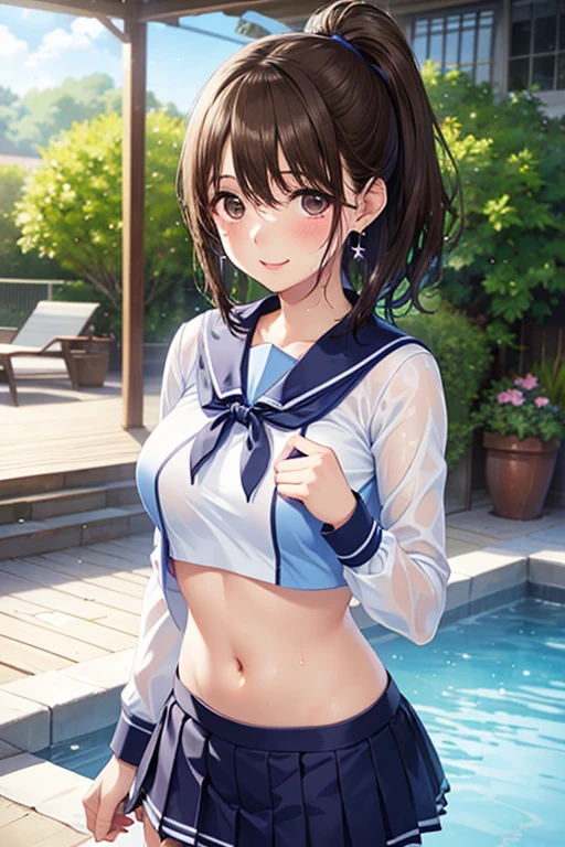 ((masterpiece, best quality, highres, UHD, perfect pixel, depth of field, 4k, RTX, HDR))), 1girl, single, solo, (((cleavage))),  beautiful girl, beautiful artstyle, ((Detailed beautiful eyes, beautiful eyelashes, realistic eyes)), ((detailed face)), ((smooth texture, realistic texture, photorealistic)), (((large breasts))), small ass, perfect body, ((cowboy shot)), ((( white sheer sailor shirt, Sleeveless, Open front))), (((Navel ))), (((Sheer Micro Mini Skirt))), poolside, Perfect Eyes Eyes