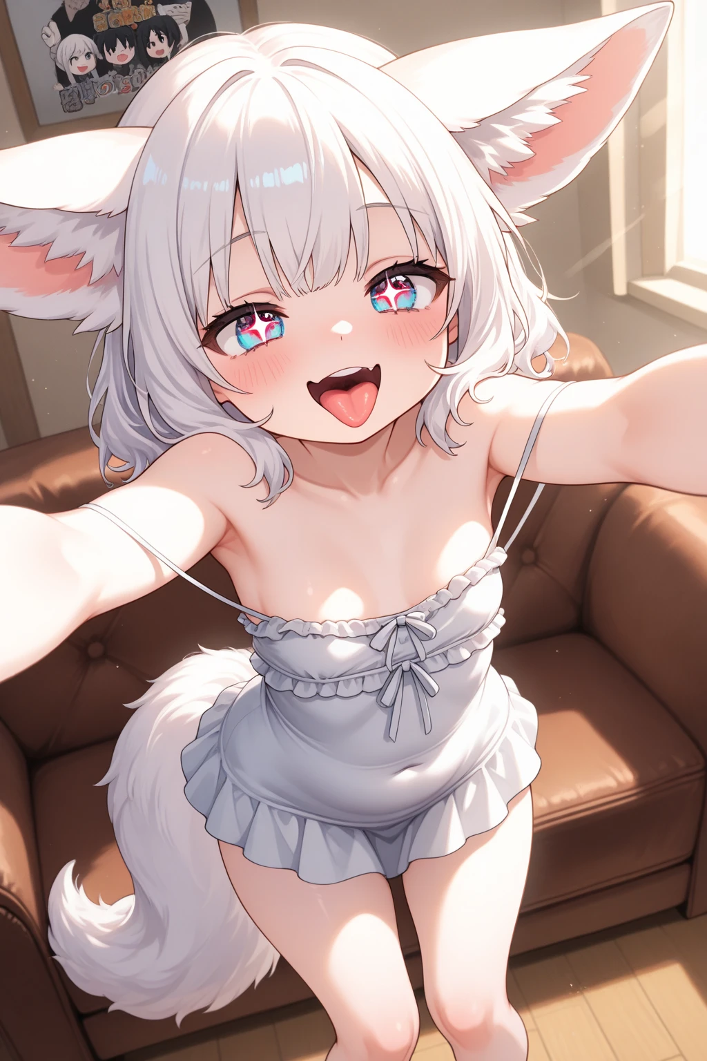 white_hair Droopy eyes Fleeting calm mild mischief Smile cute_girl cat ears Cat mouth green_eye Belt on torso full_nude gravure photos