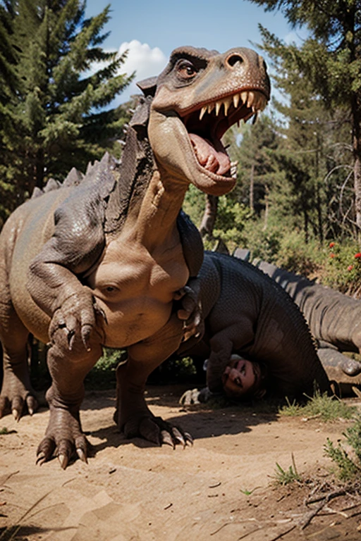 A sweaty exhausted naked cave woman is exhausted, her pet blue velociraptor sniffing and deeply tonguing her gaping anus. it has become very aroused and extended its enormous knobby penis (huge glans, shaft the length of its body) she has love on her exhausted face, she is enjoying the dinosaur tonguing her anus