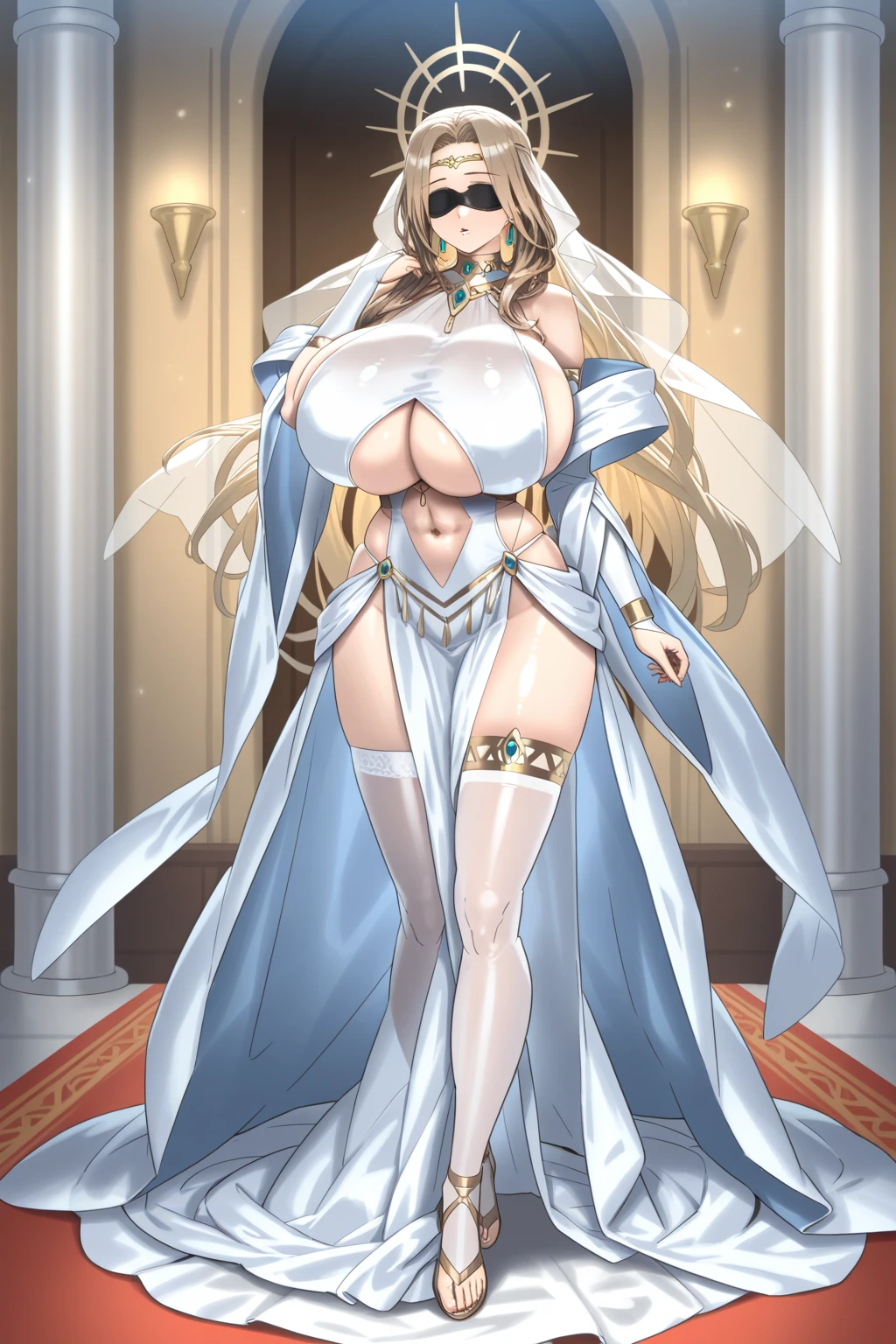 Lian, long blonde hair, hair stick, bangs, blue eyes, solo, smiling, standing, upper body, hips, bare shoulders,purple thighhighs, white dress, gold jewelry,armor,gloves,circlet, cleavage, red and gold royal castle, gigantic breasts, (best quality, masterpiece, beautiful and aesthetic:1.2, highest detailed face, perfect face,)  eyes, perfect face,expressive eyes,
looking at viewer, in the center of the image,(Upper_body),(Focus on her face),
official art,extremely detailed CG unity 8k wallpaper, perfect lighting,Colorful, Bright_Front_face_Lighting,shiny skin, 
(masterpiece:1.0),(best_quality:1.0), ultra high res,4K,ultra-detailed
