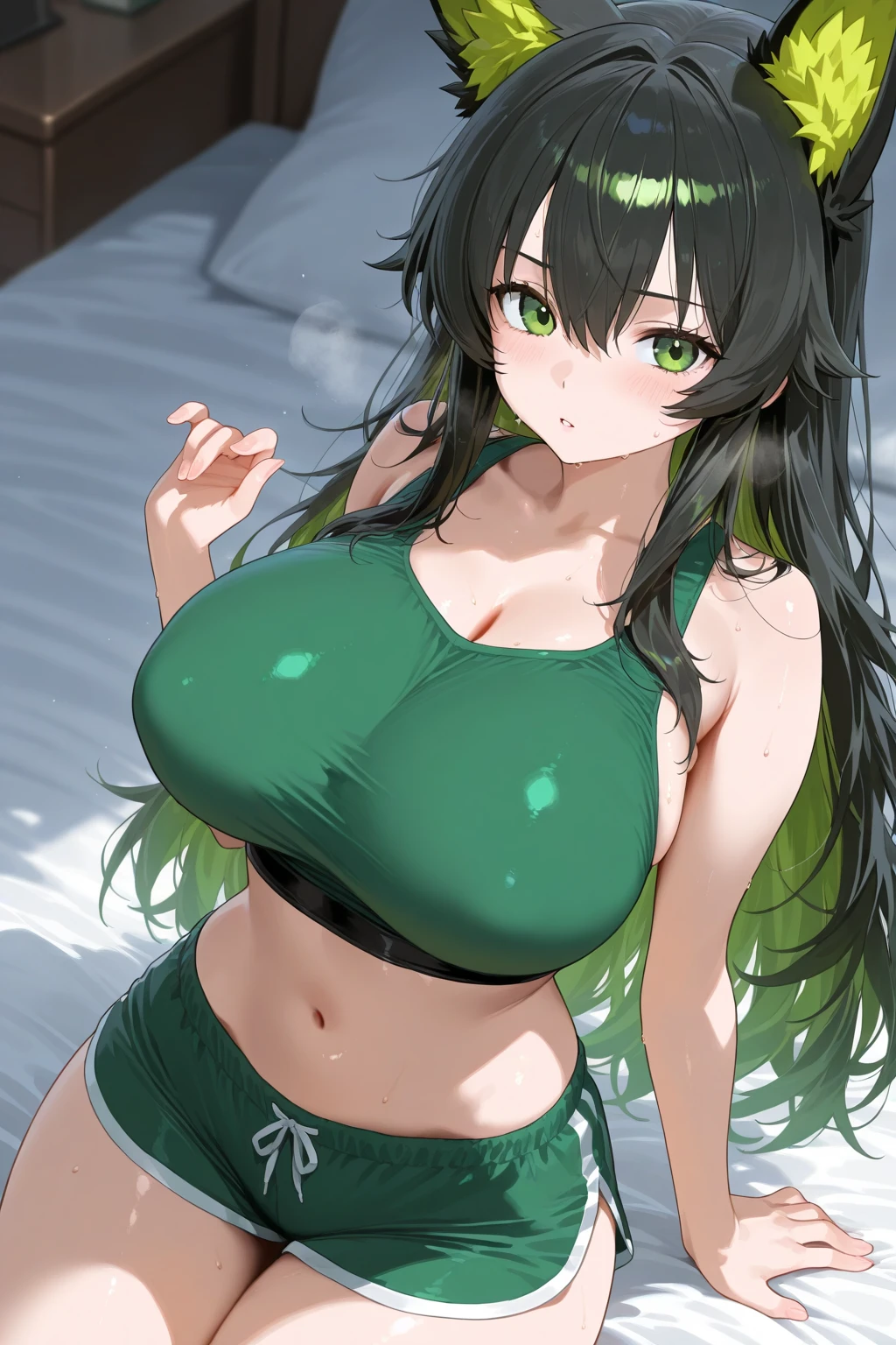 , Croped, , cleavage, slim waist, cropped hoodie underboob, cropped hoodieunderboobhoodie, 1girl, 2 wolf ears, wolf tail, marijuana crop hoodie, crop shorts, marijuana hoodie, spiky hair, spiky fur, green hair, red eyes,marijuana field, tight clothes, perfect eyes, perfect hands, clear resolution, full body, cleavage skin, marijuana plants, open hoodie, marijuana field, black thigh high socks, full body, earrings, 1girl, skirt, cleavage, slim waist, cleavage, slim waist, hair pulled back, big breast, round butt, slim waist, best quality, sexy pose, thick thighs, D-cup breast,