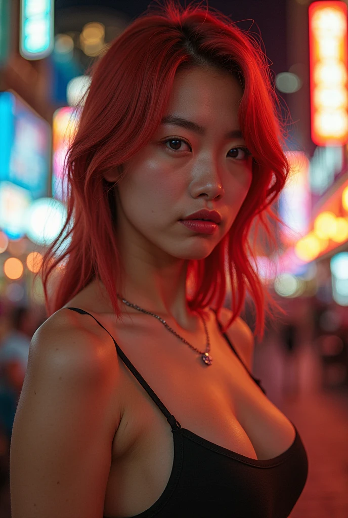 1 woman, she is Japanese, inside a city at night, wearing a red dress, feminine light green eyes, clear and detailed skin, nice breasts, long light pink hair, dramatic lighting, cinematic composition, dark palette, dark colors, atmospheric haze, thin chin, serious face, serious face, beautiful woman, very beautiful, adult woman, ultra realistic, adult woman (best quality, 4K, 8K, high resolution, art: 1.2), ultra detailed (realistic, photorealistic, photorealistic: 1.37)