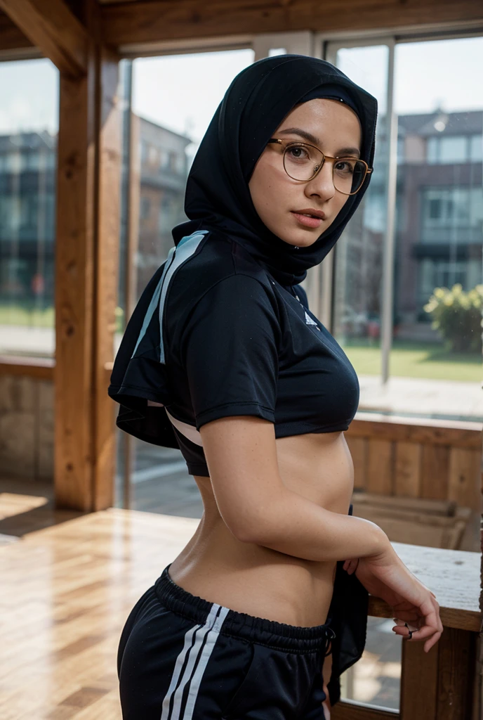 Sweaty eyeglasses sexy model hijab girl with sport bra at garden