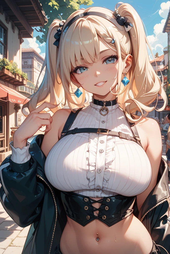 （8K ，Hyper-detailing，Ultra photo realsisim，Best Masterpiece，naturey，Movie special effects，Perfect artwork，Perfect female body），a cute young girl，（large tities），Have on the street，Cool maid outfit，black suspenders stockings，Large cleavage，，Stretch meat，Raised sexy