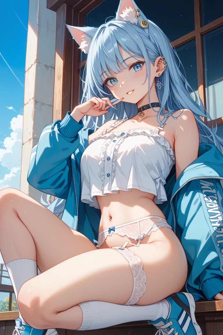 (hyper realisitic), (8K), (Extremely detailed), (Best Illustration), Beautiful detailed eyes, (Best Quality), (Ultra-detailed), (masutepiece), 1girl, Anime Beautiful Girl, Beautiful anime, Beautiful animeの少女, an anime girl, hightquality, with sunset, 魅力的なan anime girl, 可愛いan anime girl, realistic cute girl painting, Anime style. 8K, School uniform,full body, Sky blue hair, long hair, huge tit, In the classroom of the school, Dark blue jacket, Red checked skirt,Black lace bra, Black lace panties, looking up at the girl from below,Like tempting,Engaging pose,Straddling a triangular wooden horse,