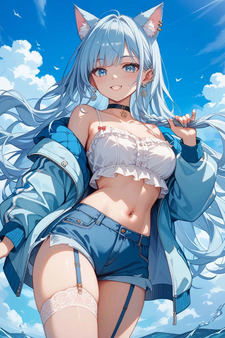 1 girl, longos cabelos brancos prateados com azul safira no final de cada mecha, olhos azuis de safira, alto, gorgeous, Beautiful, peituda, coxas grossas, seios grandes, maduro, colina nevada, clear blue sky, vestindo uma jaqueta azul de inverno com capuz fofo, jeans preto, Olhando para o Viewer, sorrindo calorosamente, clothes are not revealing