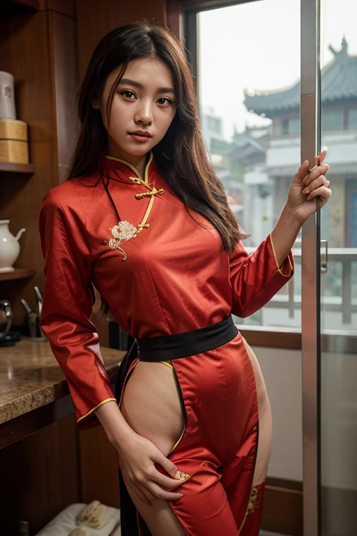 ((best quality)), ((masterpiece)), (4k details), (((Asian woman))), Not obscene , double tail hairstyle, big muscles, cheongsam, red lipstick, eyes looking into the camera, red leather gloves,   