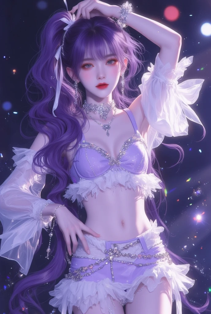 Hosino Ai, gloves, tongue sticking out, tongue, long hair, star (symbol), watch viewer, (purple hair: 1.2), purple eyes, upper body, hair ornament, ruffles, pink shirt, smile, sleeveless, shirt, idol, symbol shaped pupil, hands raised, bangs, one side up, star-shaped pupils, arms raised, dresspull, roaring twenties, isometric, , upper body, rembrandt, Illustration, detail, depth of field, looking at the viewer, peace sign, hand raised, tongue out, highest quality, high resolution.